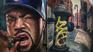 Ice Cube tattoo on the left by Veronique Imbo and city street scene tattoo by Yomico #Yomico #VeroniqueImbo #realismtattoo #realismtattoos #realism #realistic #hyperrealism #tattooideas