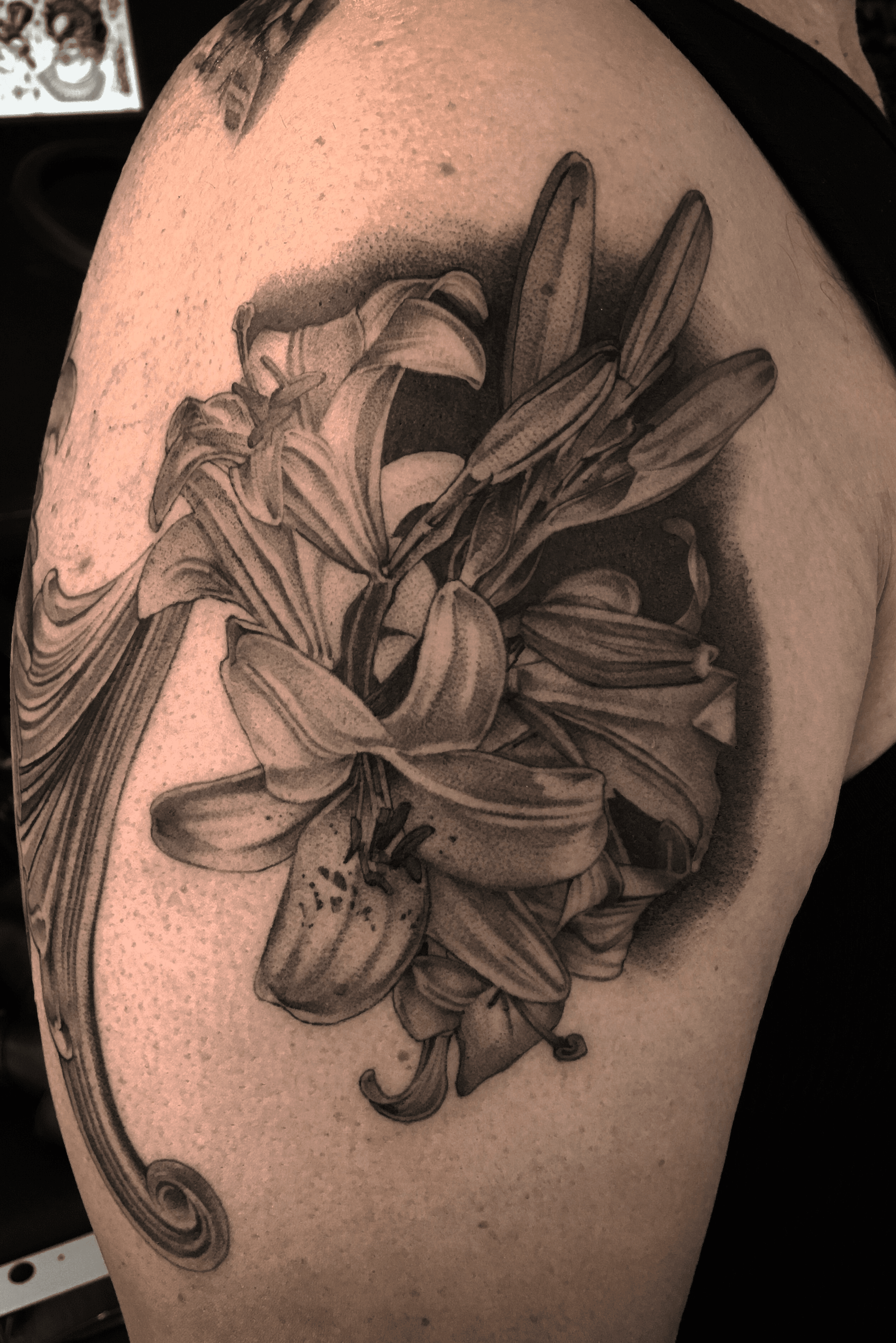 Black and Grey Lily Tattoo by Ricky Borchert TattooNOW