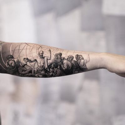 Death of Socrates tattoo by Oscar Akermo #OscarAkermo #realismtattoo #realismtattoos #realism #realistic #hyperrealism #tattooideas #death #socrates #sacredgeometry #blackandgrey #arm