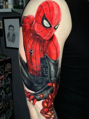 Spiderman Tattoo by Alex Rattray #AlexRattray #realismtattoo #realismtattoos #realism #realistic #hyperrealism #tattooideas #spiderman #marvel #stanlee #superhero #color #arm