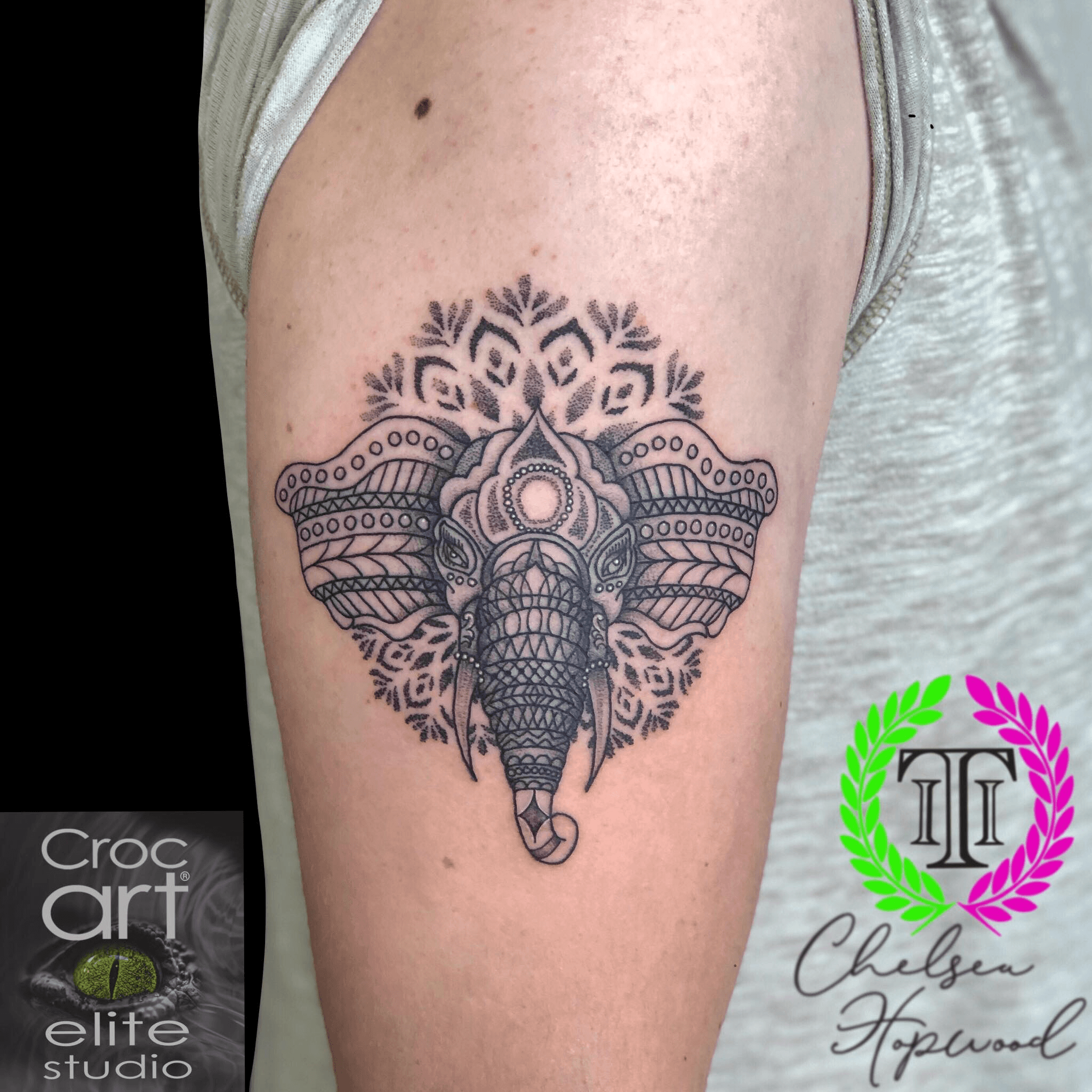 Tattoo uploaded by Chelsea Hopwood • Elephant mandala. #elephant  #elephanttattoo #animal #animaltattoos #mandala #mandalatattoo #dotwork  #dotworktattoo #blackwork #stippling #elephantmandala #linework #fineline  #blackandgrey #cutetattoos • Tattoodo