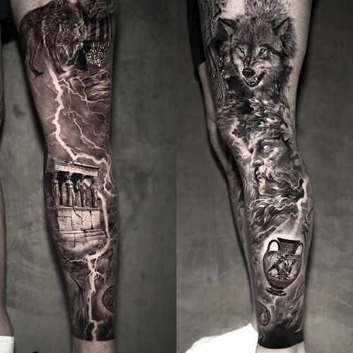 Norse and Greek mythology leg sleeve tattoo by Niki Norberg #NikiNorberg #realismtattoo #realismtattoos #realism #realistic #hyperrealism #tattooideas #greek #norse #wolf #portrait #lightning #blackandgrey #leg