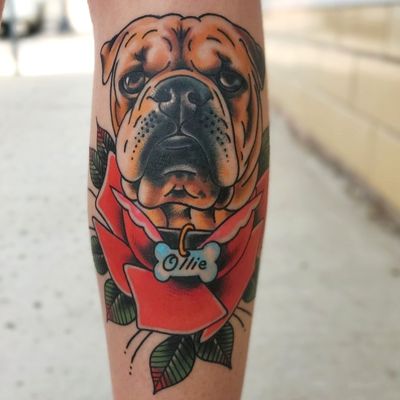 Pup portrait tattoo by Adam Rosenthal #AdamRosenthal #traditional #dog #petportrait #rose