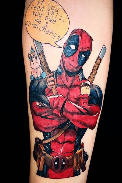 Done by Jonny Rocket at The Plug, follow us on IG at @plugtattoo or visit our website at www.theplugtattoo.com #Deadpool #color #comics #marvel 
