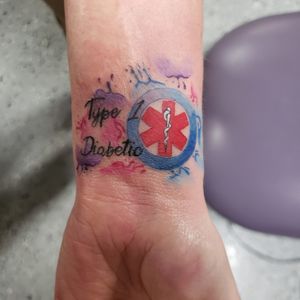 Medical Alert...Type 1 Diabetic. What a great way to show needed information, turn it into art. Message me to setup your next tattoo. Please like and follow me @tattooedbyjesse FB, IG, SC, pinterest, tumblr, twitter, tattoodo app, and for my artist page; www.facebook.com/tattooedbyjesse #TattooedByJesse #ComeGetSomeInk #LoyaltyTattooCompany #DynamicBlack #Fusioninks #Tattoo #Tattoos #MichiganTattooArtists #MichiganPiercers #medical #alert #medicalalert #t1d #type1 #type #1 #diabetes #diabetic #type1diabetes #watercolor #freakingtiny #red #blue #purple #magenta #white