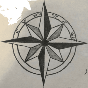 Compass rose with coordinates of Cape house