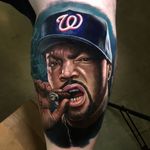 Ice Cube tattoo by Veronique Imbo #VeroniqueImbo #realismtattoo #realismtattoos #realism #realistic #hyperrealism #tattooideas #icecube #portrait #rapper #music #cigar #grill #smoke #color #leg