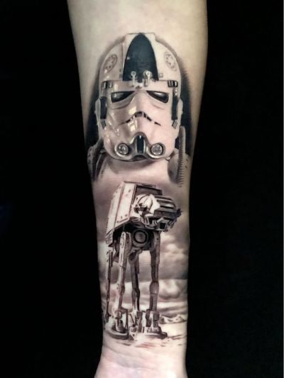 Star Wars tattoo by Pony Lawson #PonyLawson #realismtattoo #realismtattoos #realism #realistic #hyperrealism #tattooideas #starwars #blackandgrey #stormtrooper #ATAT #weapon #desert #arm
