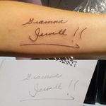 Some early morning hand writing. If you're looking for a new tattoo, Call the shop at 810-695-3333(ask for Jesse), Text only 313-442-3047(My tablet), or DM me. Please like and follow me @tattooedbyjesse FB, IG, SC, pinterest and www.facebook.com/tattooedbyjesse #TattooedByJesse #ComeGetSomeInk #LoyaltyTattooCompany #DynamicBlack #Tattoo #Tattoos #MichiganTattooArtists #MichiganPiercers #Tattooed #CheyenneTattooMachine #Cheyenne #fineline #tinytattoos #signature #small #arm #gramma