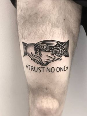 TRUST NO ONE tattoo.. . . . #btattoing #blacktraditionaltattoo #trustnoone #boldwillhold #wipshading #wip #whipshaded #oldschool #tttism #darkink #nyctattooer #nyctattoos 