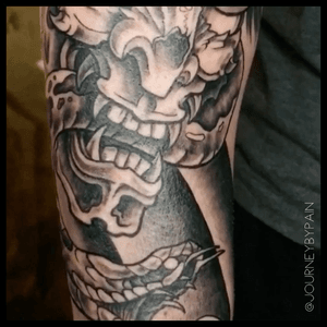 A close up for this japenese snake and hannya mask i got tattooed the other day. Entirley customized drawing for my client to add to his sleeve #japanesetattoo #snaketattoo #hannyamask #blackandgrey #miamitattooartist 