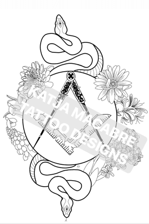 My knee tattoo design; representing my family history with the Free Masons. The broken nature representing my hatred of mysogeny (which the FM were known for) and flowers representing my family. The two headed snake was just something i added for fun & i want a realistic eye in the centre.  Drawn and conceptualised by me. 