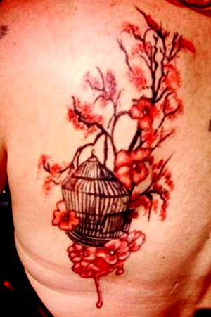 Cherry blossoms and the open cage represents my clients free spirit 