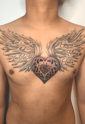 Heart locket with wings on the homies chest if have any questions on pricibg or to set up an appointment just send me a messege #heart #locket #wings #quote #names 