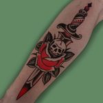 Traditional rose tattoo by Austin Maples #AustinMaples #traditionalrosetattoo #traditionalrose #rosetattoo #traditionaltattoo #traditional #flower #floral #plant #color #skull #sword #dagger #death