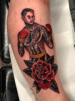 Traditional rose tattoo by Mark Mcilvenny #MarkMcilvenny #traditionalrosetattoo #traditionalrose #rosetattoo #traditionaltattoo #traditional #flower #floral #plant #color #boxer #tattooedtattoo #portrait #eagle