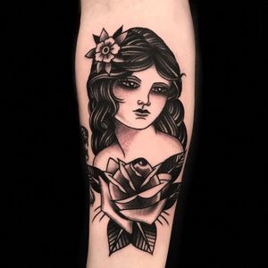 Traditional rose tattoo by Derick Montez #DerickMontez #traditionalrosetattoo #traditionalrose #rosetattoo #traditionaltattoo #traditional #flower #floral #plant #blackandgrey #lady #ladyhead #portrait