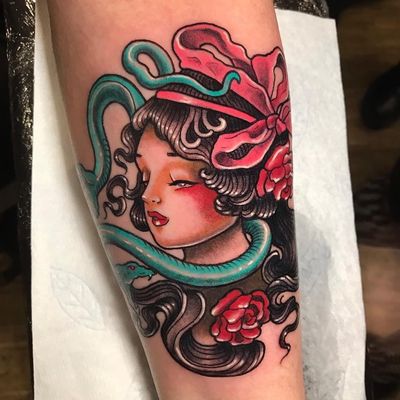 Portrait tattoo by Claudia Ducalia #ClaudiaDucalia #TattoodoApp #TattoodoApptattooartist #tattooartist #tattooart #tattooidea #inspiringtattoo #besttattoo #awesometattoo #lady #arm #flowers #neotraditional #snake