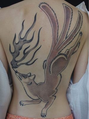 Kitsune hand poke tattoo by Jenna Bouma #JennaBouma #eastrivertattoo #NewYork #Brooklyn #handpoke #kitsune #fire #fox #blackandgrey #tattooedtravels #tattooideas #tattooshop #tattoostudio #travel #tattoos