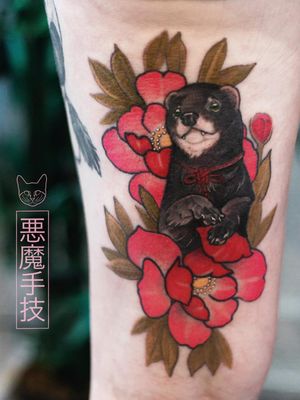 Ferret and peony tattoo by Akuma Shugi #AkumaShugi #TattoodoApp #TattoodoApptattooartist #tattooartist #tattooart #tattooidea #inspiringtattoo #besttattoo #awesometattoo #peony #ferret #leg #neotraditional #japanese