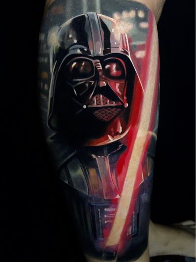 Star Wars tattoo by Walace Sales #WalaceSales #TattoodoApp #TattoodoApptattooartist #tattooartist #tattooart #tattooidea #inspiringtattoo #besttattoo #awesometattoo #starwars #darthvader #color #realism #leg