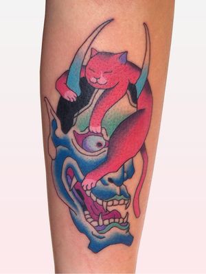 Cat and Hannya tattoo by Brindi #Brindi #TattoodoApp #TattoodoApptattooartist #tattooartist #tattooart #tattooidea #inspiringtattoo #besttattoo #awesometattoo #hannya #cat #japanese #color #arm