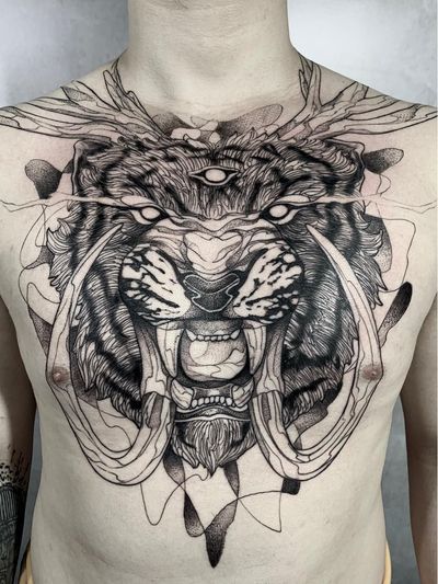 Chest tattoo by Wesley Maik #WesleyMaik #TattoodoApp #TattoodoApptattooartist #tattooartist #tattooart #tattooidea #inspiringtattoo #besttattoo #awesometattoo #tiger #horns #illustrative #chest