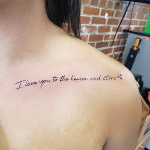 Got to knock this lettering on the collar bone, plus 3 stars.If you're looking for a new tattoo, Call the shop at 810-695-3333(ask for Jesse), Text only 313-442-3047(My tablet), or DM me.Please like and follow me @tattooedbyjesse FB, IG, SC, pinterest and www.facebook.com/tattooedbyjesse#TattooedByJesse #ComeGetSomeInk #LoyaltyTattooCompany #DynamicBlack #Tattoo #Tattoos #MichiganTattooArtists #MichiganPiercers #Tattooed #xionTattooMachine #xion #lettering #letteringtattoo #fineline #stars #star #iloveyou