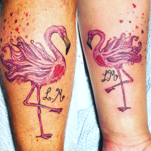 Watercolour flamingo tattoos in memory of a lost one.. 