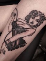 Lady tattoo by Alisha Gory #AlishaGory #TattoodoApp #TattoodoApptattooartist #tattooartist #tattooart #tattooidea #inspiringtattoo #besttattoo #awesometattoo #illustrative #neotraditional #pinup #peony #babe #lady #leg