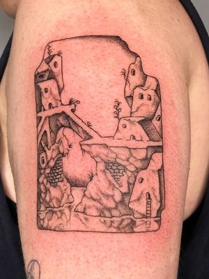 Surreal cityscape tattoo by Jackson Tattoos #jacksontattoos #NewYork #Brooklyn #linework #illustrative #city #surreal #tattooedtravels #tattooideas #tattooshop #tattoostudio #travel #tattoos