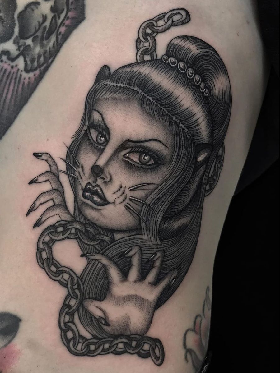 Tattoo uploaded by Justine Morrow • Cat lady tattoo by Juan Diego aka