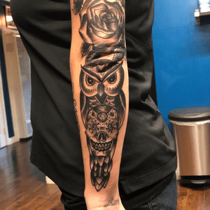 Black n grey owl tattoo