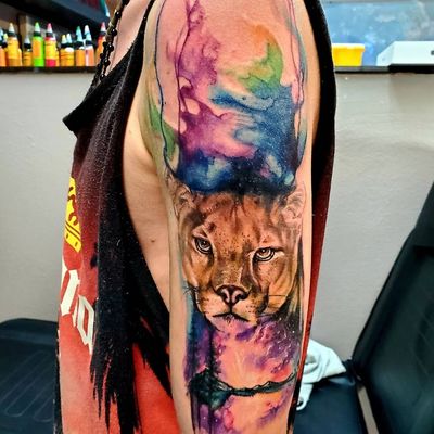 #pnwtattoo of #cougar and #watercolortattoos #wildlifetattoo #mountainlion #watercolortattoo #abstractattoo #animaltattoo