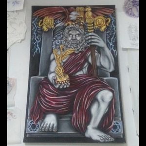 #TBF... Back in 2013 I painted the King of God's 'Zeus' back in Etown... ⚡ As I was adding each key element that comprised the God entity, the oak staff with owl perched on top,⚡ the statue of Nike in hand,⚡ the 2 lions protecting the throne,⚡ the all seeing eagle holding 13 arrows,⚡ encasing him in red robes red being the favourable color of the God's a storm was brewing outside in the sky getting louder and louder as I neared the finishing touches on this piece. ⚡ It's finally come to the end where the bottom of the throne required a seal, a symbol in a sorts to lock the image in place...thinking...just then a force/energy overtook me and I first evoked an upright triangle with a downright triangle overlaying next to become a the keys you see at the 2 bottoms. ⚡ This provoked numerous loud knocks like on a door to ensue in the sky in the form of thunderous cracks Gettin louder and louder like it was Gettin closer to me. A huge thunderstorm followed afterwards...Crazy thunderstorms for the next 2-3 weeks none ever seen before in Edmonton flooding numerous areas at its peak stormage. What was initially was intended to be a lock became of unlocking of a door to this God force. ⚡ Well he is known as the God of thunder...i learnt later on the significance of the symbology, the upright tri means male energy, and downright means female when put together like that does create a #key a balance of 2 universal forces signifying love/harmony. Also there is an old Greek tale telling of the God's that when one crosses the path of Zeus one's path is illuminated. The real meaning of illuminati is the illuminated ones...13 being significant of such belief. Eversince it's been one encounter after another of such forces that govern this world, this universe, this kind. Lessons taught by experimental practices in life. God speed. ⚡ ⛈️ 🌫️ 🔺 🤘 #God #godsplan #godbeing #being #true #self #design #paintingconcept #rendering #magician #adept #magick #storytime #stories #memoirs #creation #creatorontherise #workofarts #bodyofwork #art #painting #nextlevel #doors #poweredby #HA!©™