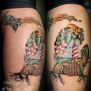 Seasons of Michigan piece I did earlier this year ...#tattooingforjesus #tattoo #tattoos #tattooing #customtattoo #colortattoo #radtattoos #tattoolife #tattoosociety #realistictattoo #realismtattoo #tattoorealistic #besttattoos #lighthouse #flowertattoo 