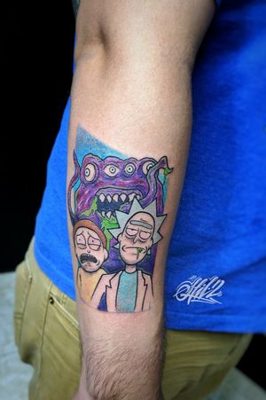 Rick & Morty • First Day Tattoo#colortattoo #animetattoo #colorfulltattoo #lineworktattoo #linework 