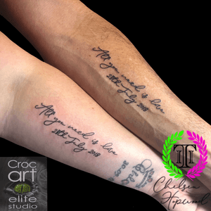Matching tattoos for their wedding anniversary. #script #lettering #cutetattoos #matchingtattoos #couplestattoo #thebeatles #music #lyrics 