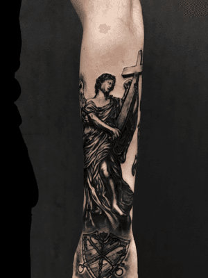 Angel with a cross from the bridge of the holy angel #tattoo #blacktattoo #angel #blackwork 