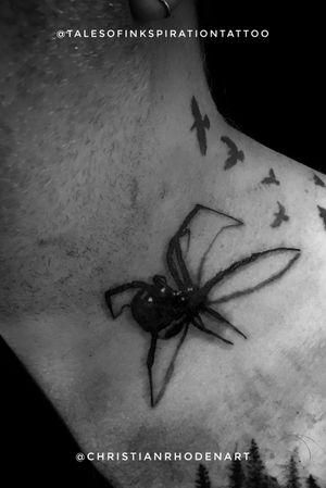 Nice black widow realism neck tattoo 