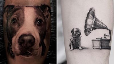 Dog tattoo on the left by Ganga and dog tattoo on the right by Oscar Akermo #OscarAkermo #Ganga #dogtattoos #dogtattoo #dog #animal #petportrait #pet #love #family