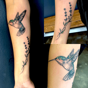 Humming bird with lavendar on forearm