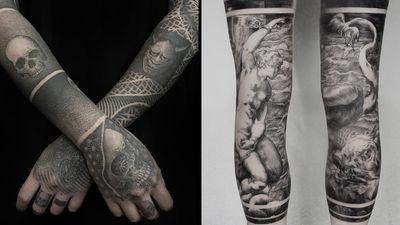 Sleeve tattoo on the left by Guy Waisman and sleeve tattoo on the right by Arie Fasant #ArieFasant #GuyWaisman #sleevetattoos #legsleeve #armsleeve #sleeve #fullsleeve #halfsleeve #tattooidea