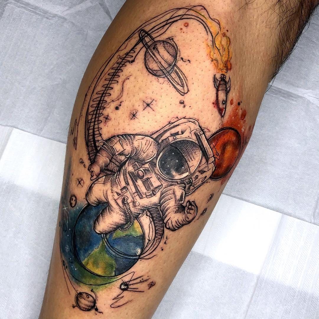 Arm sleeve colored tattoo with astronaut space and mushrooms tattoo idea   TattoosAI