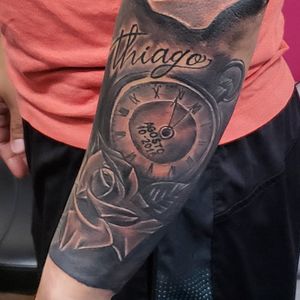 Quarter Sleeve Black and Grey Poket Watch and Rose Tattoo
