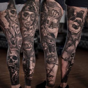Tatuaje de manga de Dmitriy Kislovskiy #DmitriyKislovskiy #sleeve tattoos #benerms #armers #sleeves # full sleeve # half-sleeved #tattooidea #realism #realistic #hyperrealism #horror #darkart #dog #kranie # barbed wire