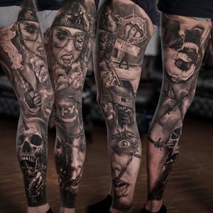 Sleeve tattoo by Dmitriy Kislovskiy #DmitriyKislovskiy #sleevetattoos #legsleeve #armsleeve #sleeve #fullsleeve #halfsleeve #tattooidea #realism #realistic #hyperrealism #horror #darkart #dog #skull #barbedwire