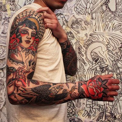 Sleeve tattoo by Joel Soos #JoelSoos #sleevetattoos #legsleeve #armsleeve #sleeve #fullsleeve #halfsleeve #tattooidea #traditional #rose #eagle #ladyhead #handtattoo #spiderweb #butterfly #surreal
