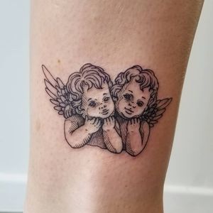Angel tattoo by Silky Jo #SilkyJo #angeltattoo #angeltattoos #angels #wings #feathers #cherubs #religious #spiritual #illustrative #Linework #ankle