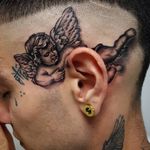 Angel tattoo by Ninooart_tattoo #Ninooarttattoo #angeltattoo #angeltattoos #angels #wings #feathers #cherubs #religious #spiritual #blackandgrey #scalp #head #face